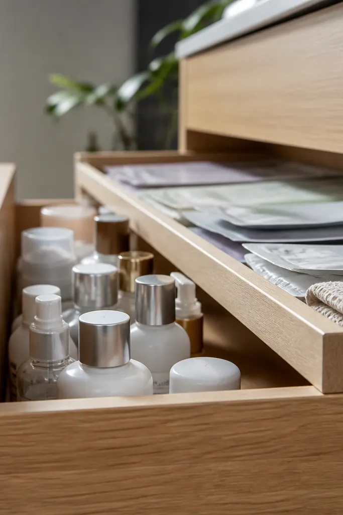 Two-level vanity drawer organizer with tall bottle section and flat tray