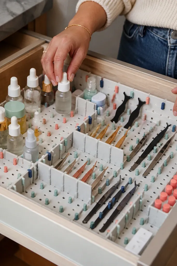 White pegboard insert with colored caps dividing compartments