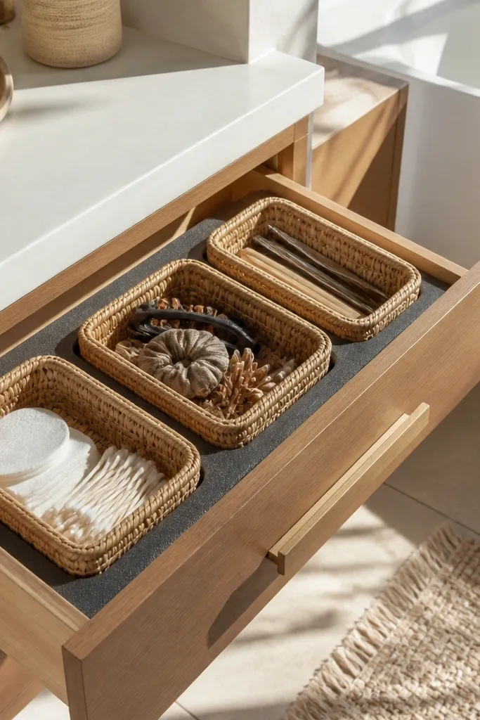 Three small rattan baskets sitting in a vanity drawer on a custom base