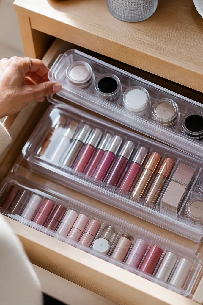 Clear trays with matching lids in a vanity drawer holding lip products