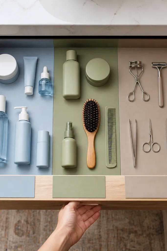 Color-blocked vanity drawer zones with matte label cards on the front