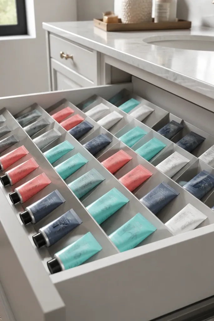 Angled dividers holding skincare tubes in a vanity drawer