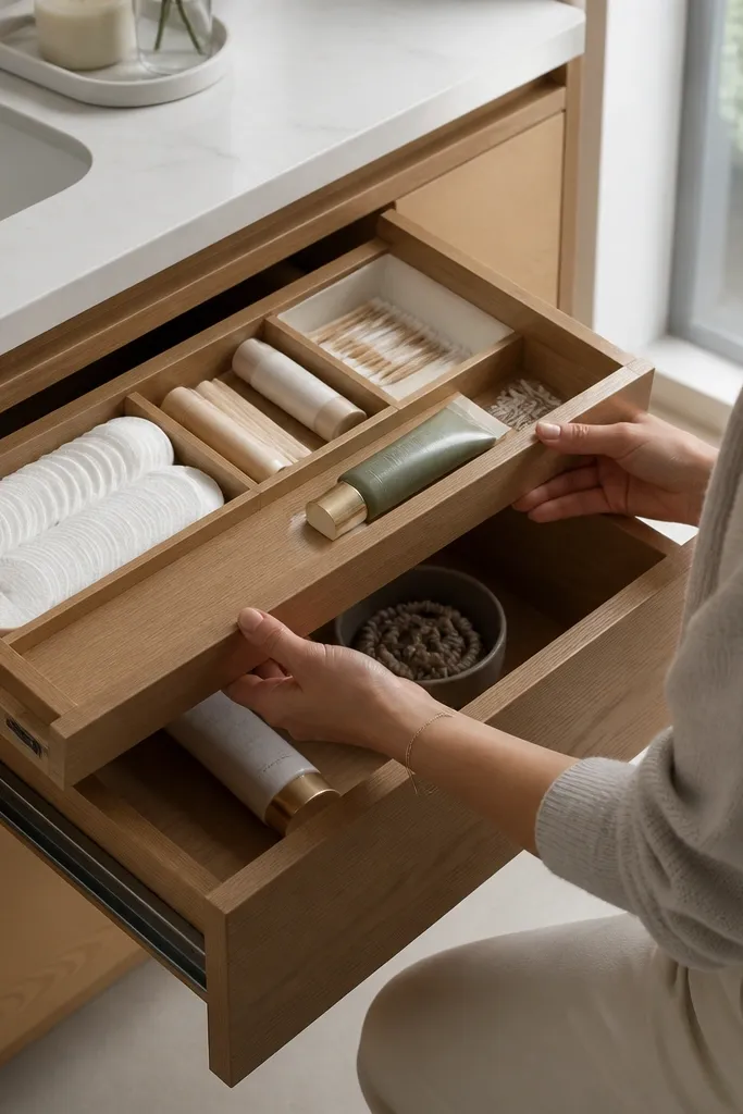 Vanity drawer insert with lift-out hidden section for backup items