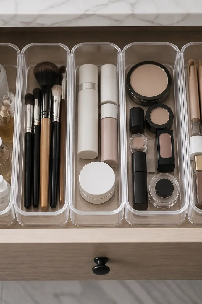 Clear acrylic dividers with rounded corners in a vanity drawer