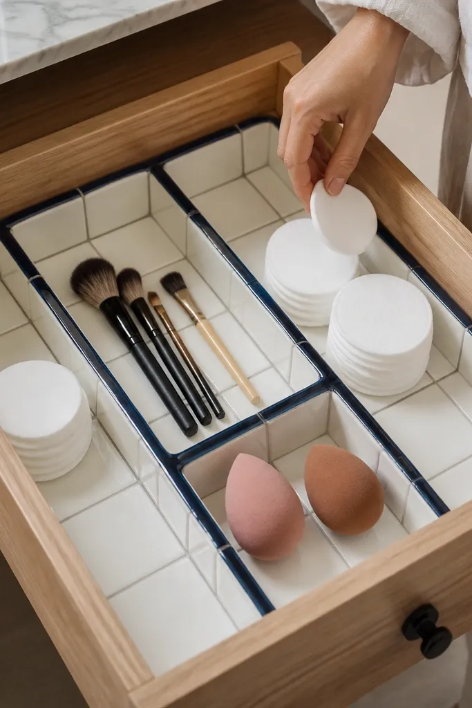 Small ceramic tile base with painted divider channels in a vanity drawer