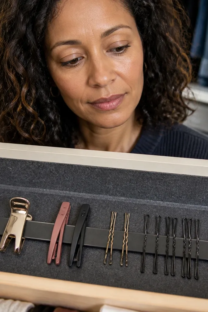 Felt-lined drawer with a magnetic strip holding hair clips