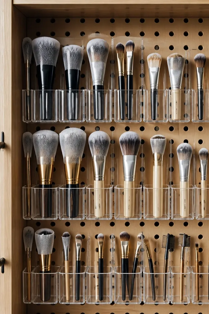 Pegboard insert with clear pockets holding makeup brushes