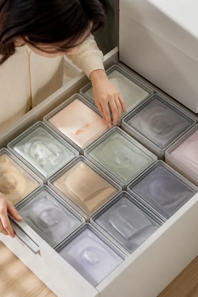 Stackable lidded trays holding sheet masks in a vanity drawer