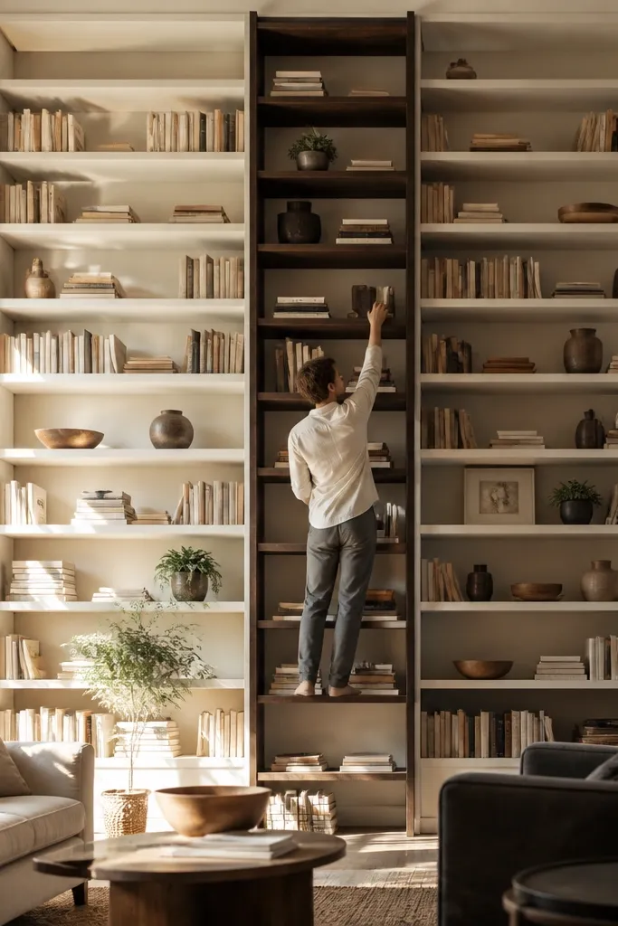 Tall built-in shelves with a central ladder section and framed decor