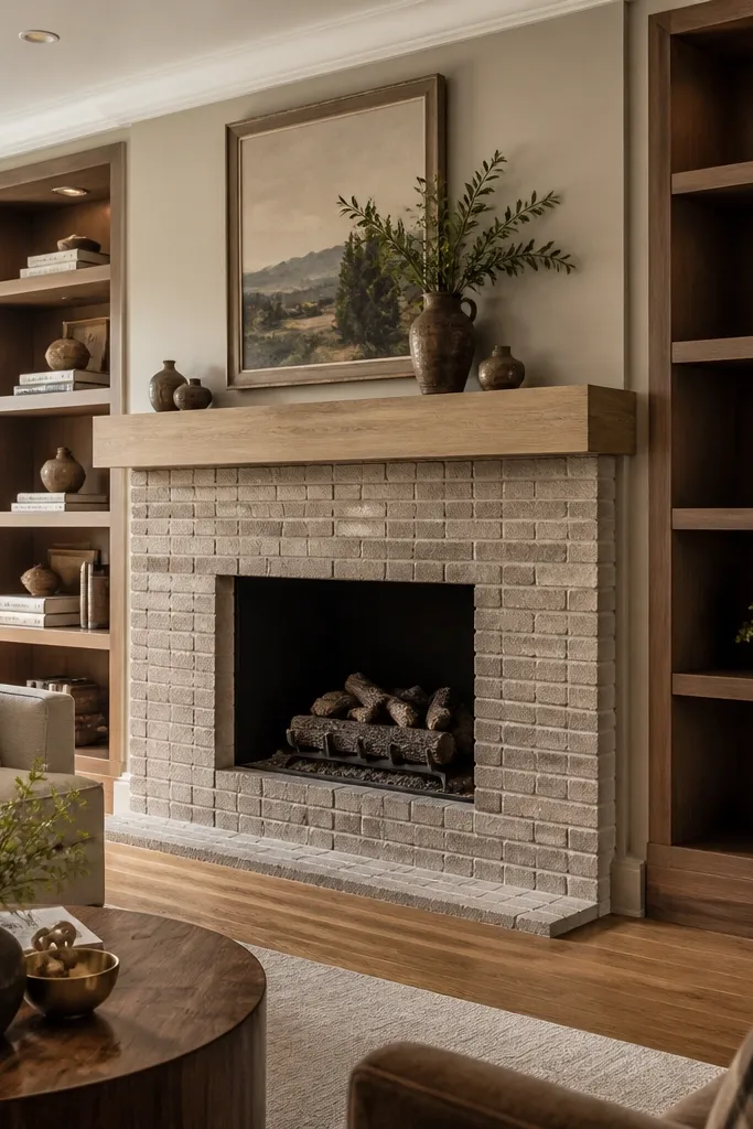 Built-in shelves flanking a fireplace with a wide mantel shelf