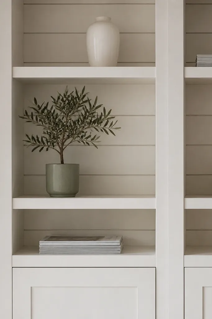 Open cubby built-ins with shiplap back panels and a smooth front frame