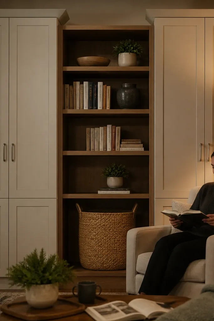 Tall cabinet doors on ends with open shelves centered