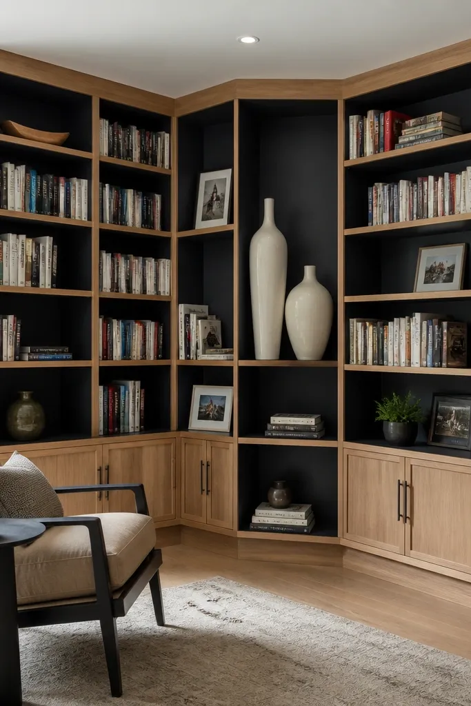 Wraparound built-in shelves around a corner with a diagonal display section