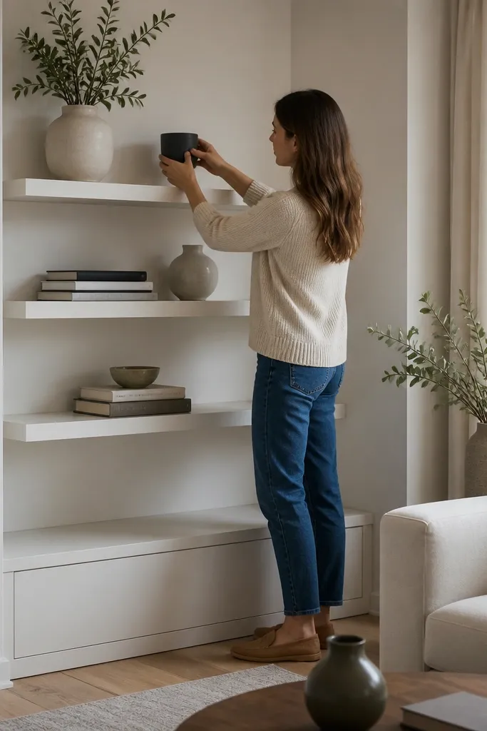 Mid-height shelves above a built-in base with clean cable paths