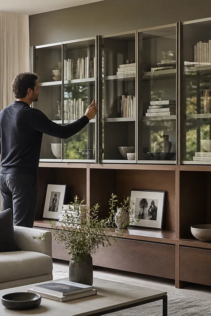 Built-ins with deep shelves and glass doors on upper sections