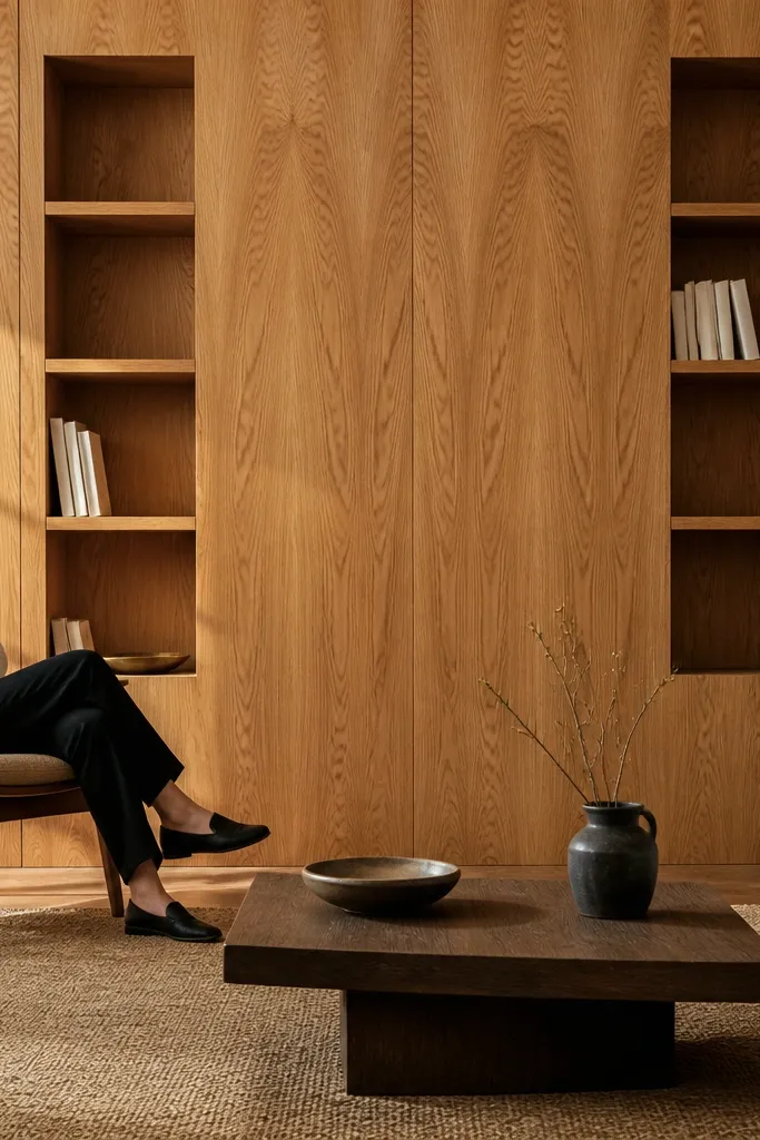 Recessed shelves set into a paneled living room wall