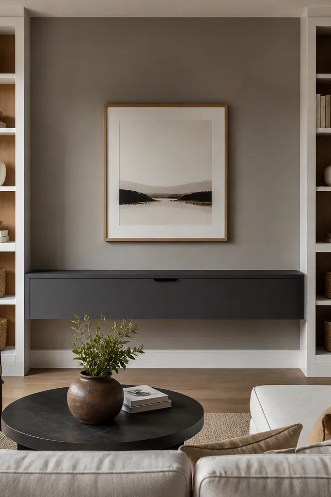 Two vertical shelf columns with a long drawer in the middle
