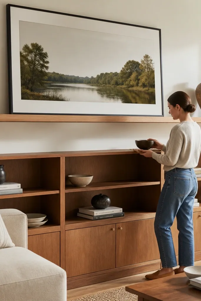 Half-height built-in shelves with a large framed art ledge above