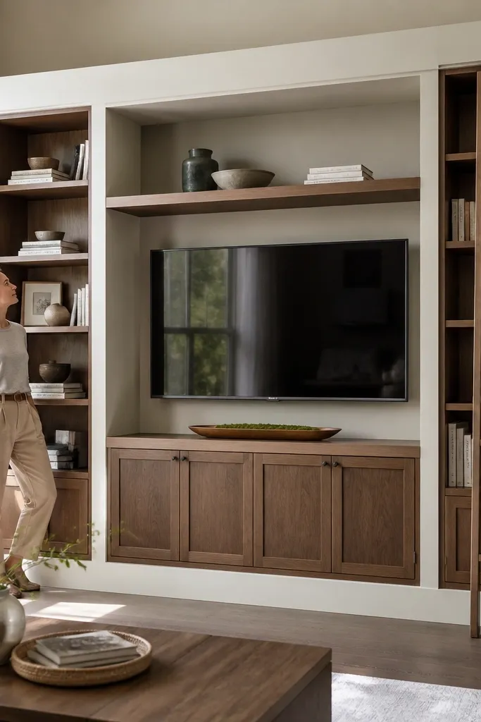 TV niche between built-in shelves with a ladder-style accent