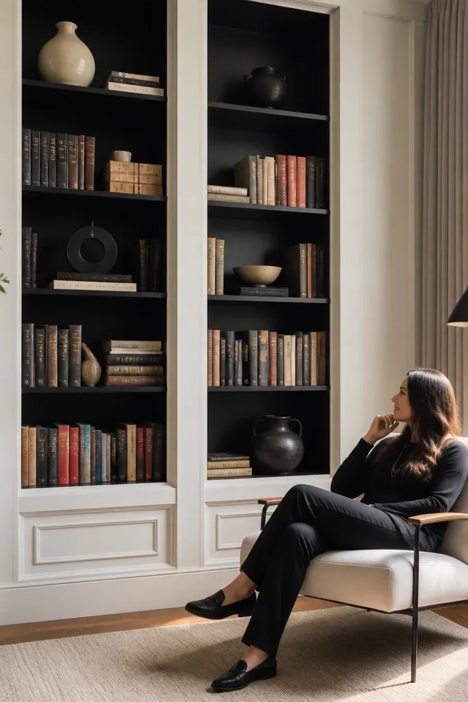Charcoal built-in shelves with off-white trim and clean box lines