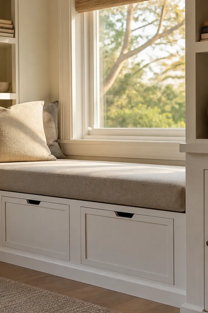 Built-in window seat with storage shelves under and side cubbies