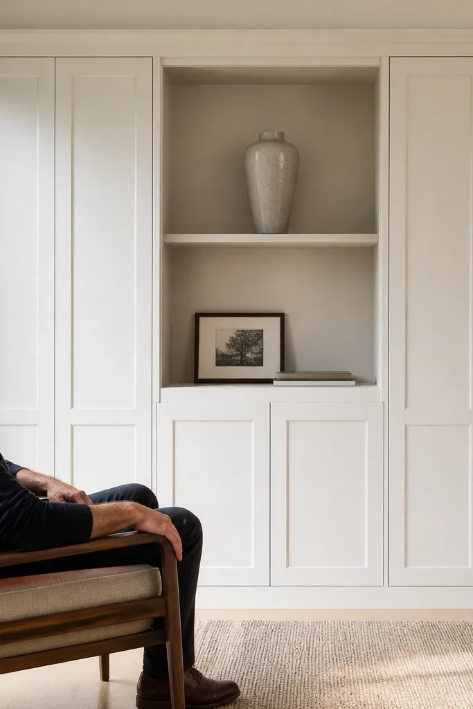 Recessed door cabinets with an open shelf section in the middle
