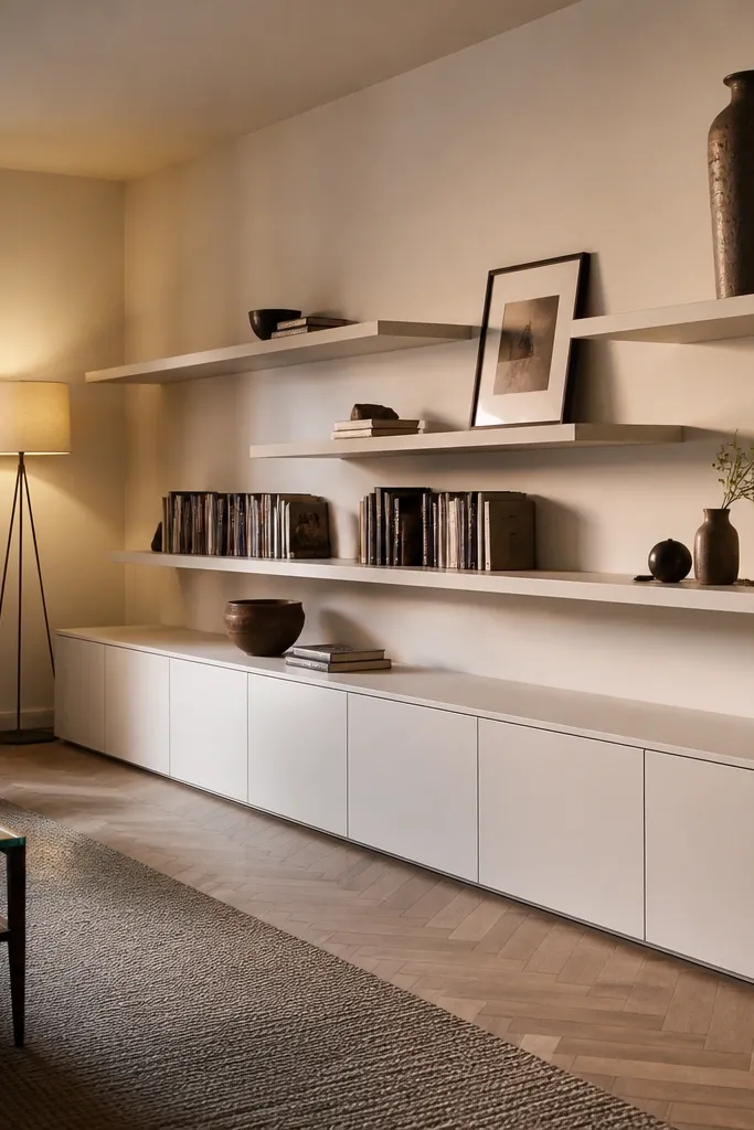 Staggered shelves on one side with a long cabinet base and clean trim