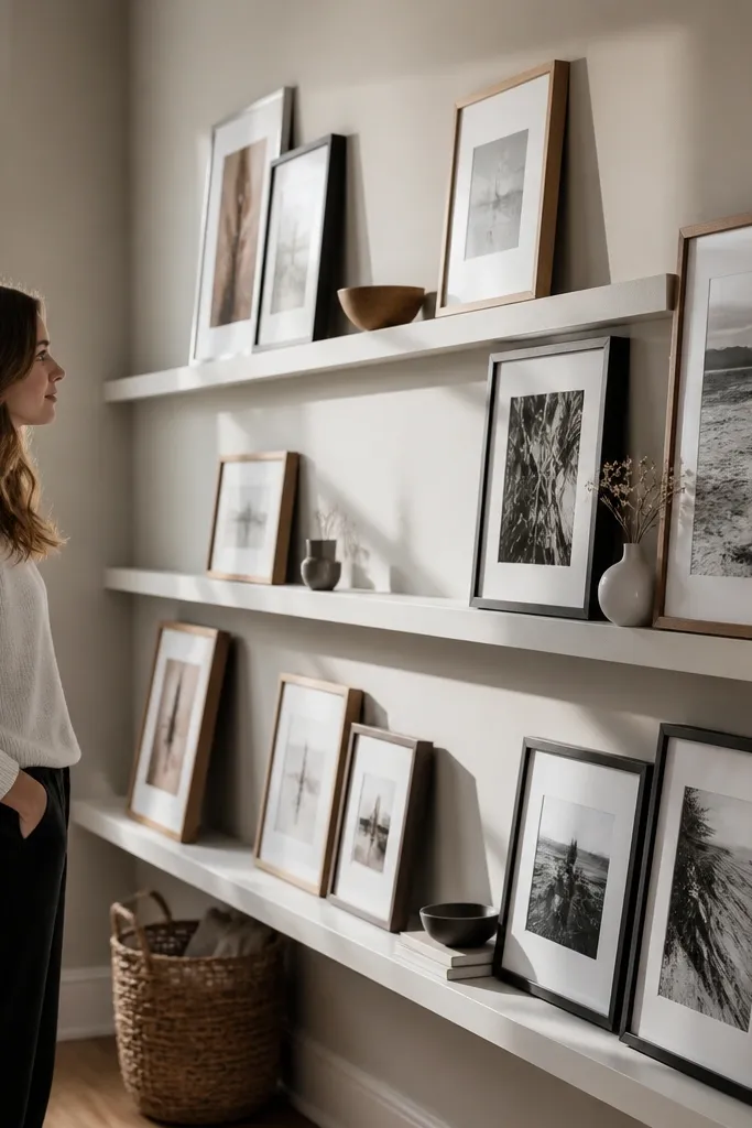 Wide shallow shelves with a picture rail look and framed art accents