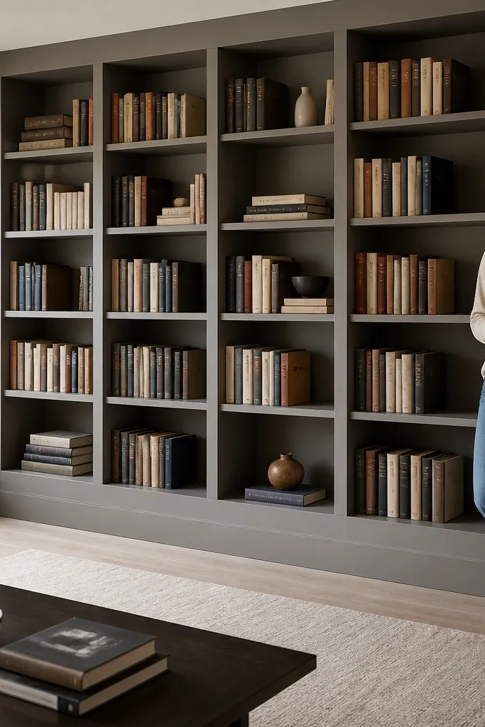 Tall open shelves with a continuous bottom kick rail and clean trim