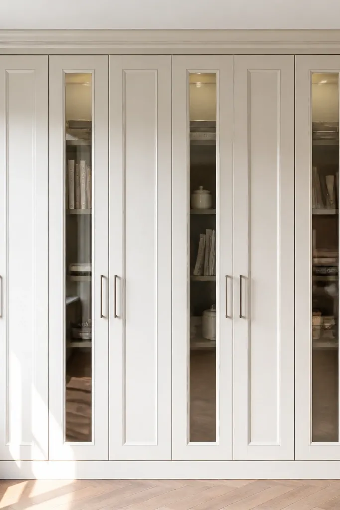 Wall-to-wall built-ins with panel doors and slim vertical glass inserts