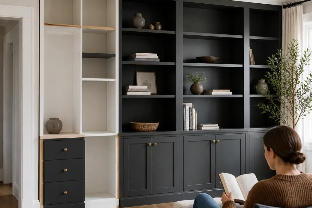 Comparison Built-In Shelves Living Room Flat-Pack vs Custom