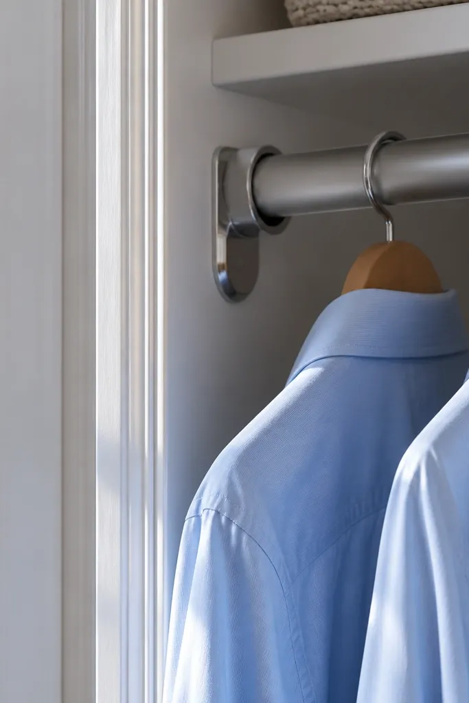 Closet with a hanging rod set back from the door track and a clear reach gap