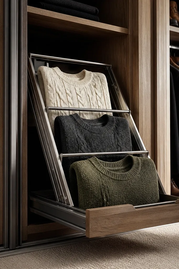 Sliding closet with a pull-out shelf system for folded items