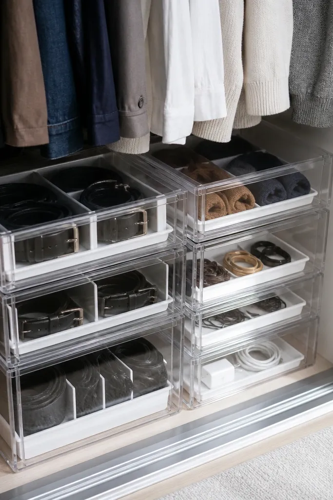 Closet with clear drawers stacked for accessories and small items