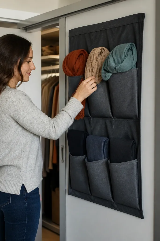 Fabric hanging organizer with pockets on a reachable closet wall