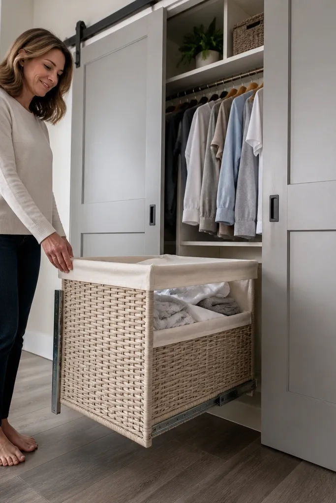 Pull-out hamper in closet with clear space from sliding door track