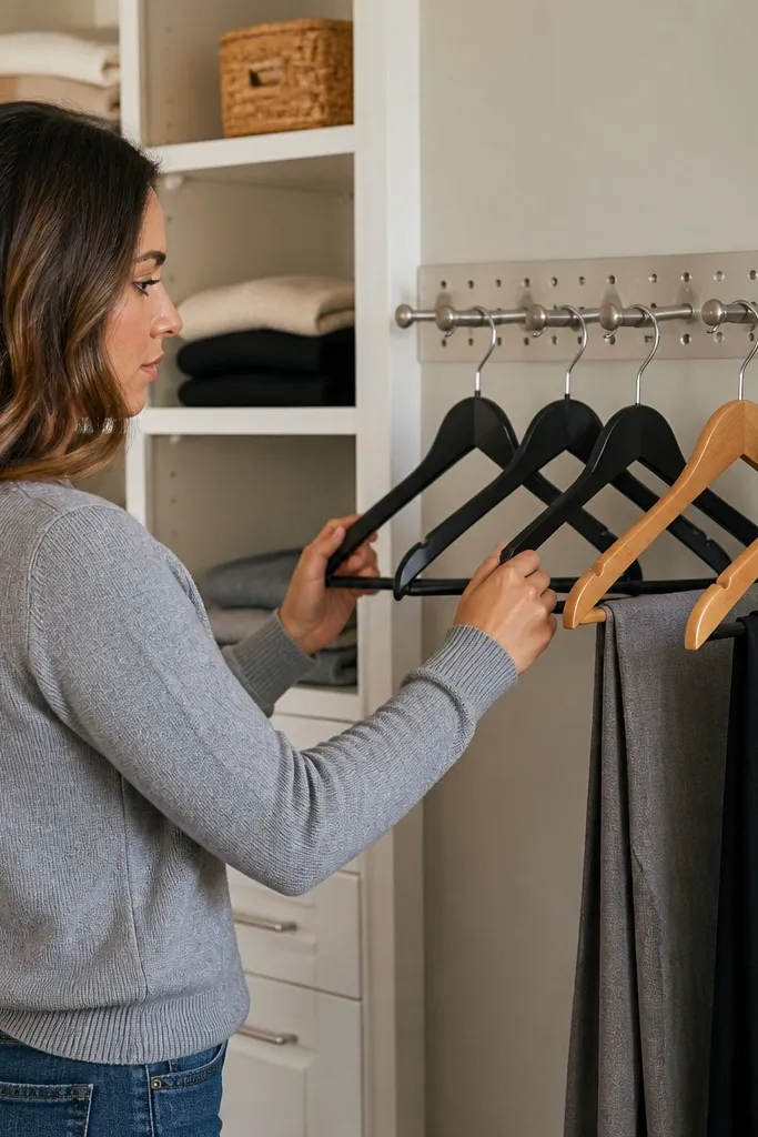 Closet wall with a sorting rail and hooks for hangers and categories