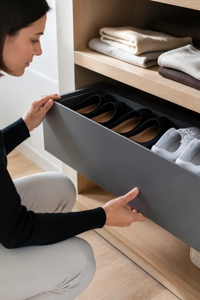 Closet with a low shoe drawer under a shelf