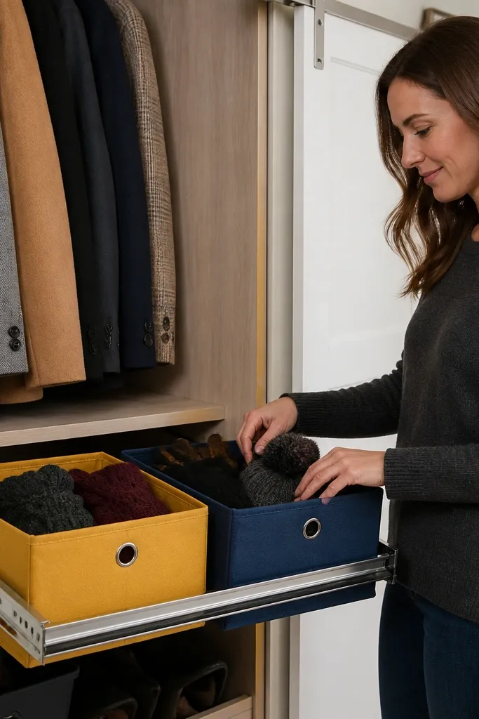Closet with pull-out bins placed at eye level for seasonal items