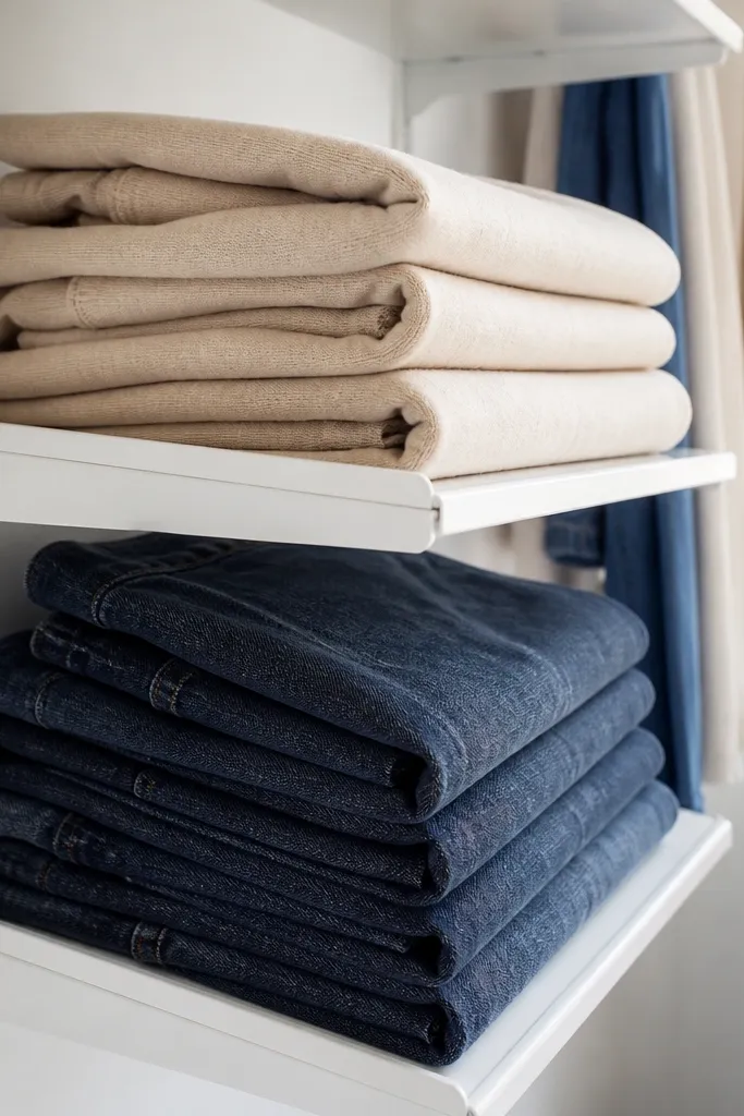 Closet wall shelves with a small lip to keep folded clothes from sliding