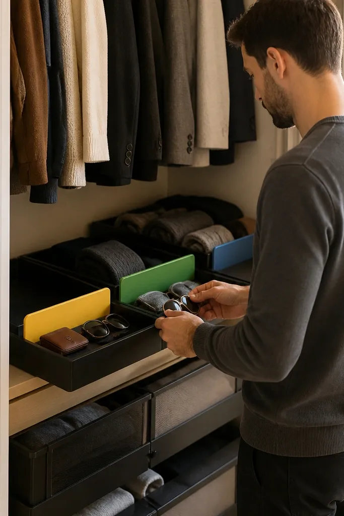 Closet shelves and drawers with clear labels for daily, weekly, and seasonal items