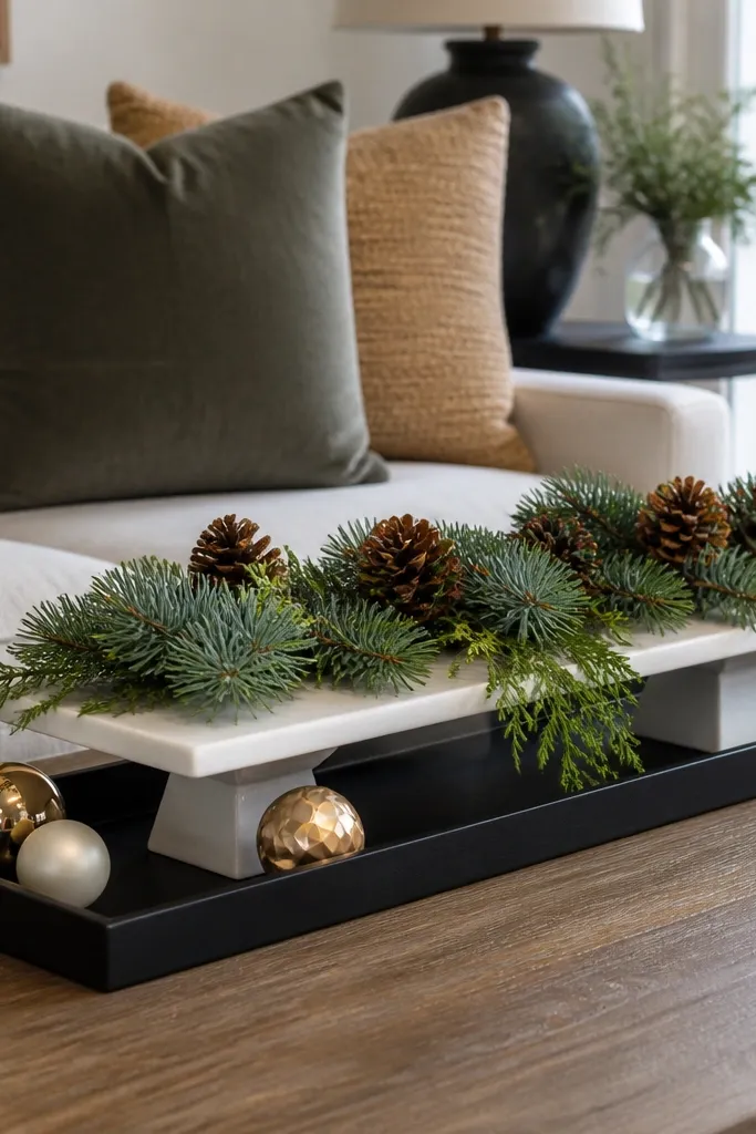 Wood coffee table with a rectangular tray, cream candles, and evergreen sprigs on a small riser