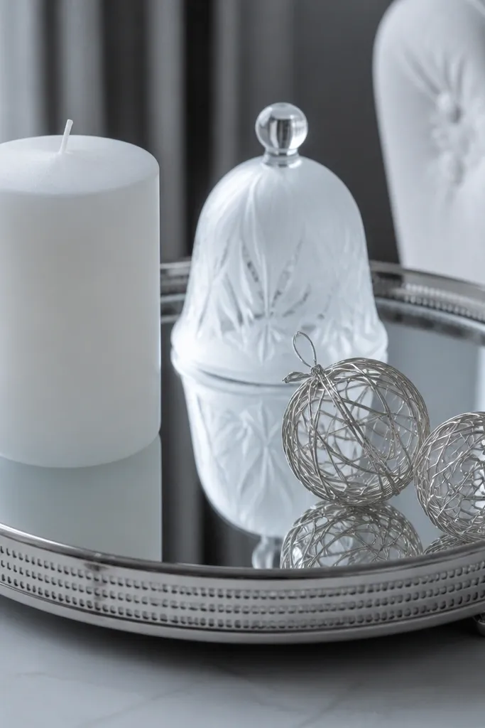 White coffee table decor with a mirrored tray, LED candles, and silver pine sprigs