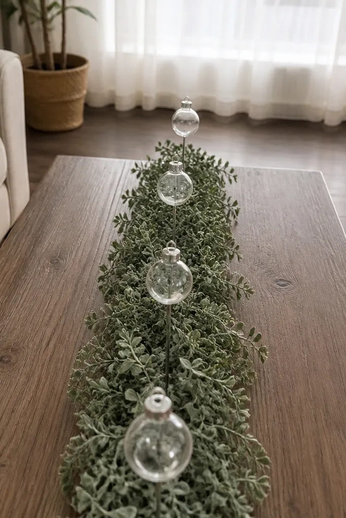 Coffee table with a long greenery runner and small ornaments spaced evenly across the center
