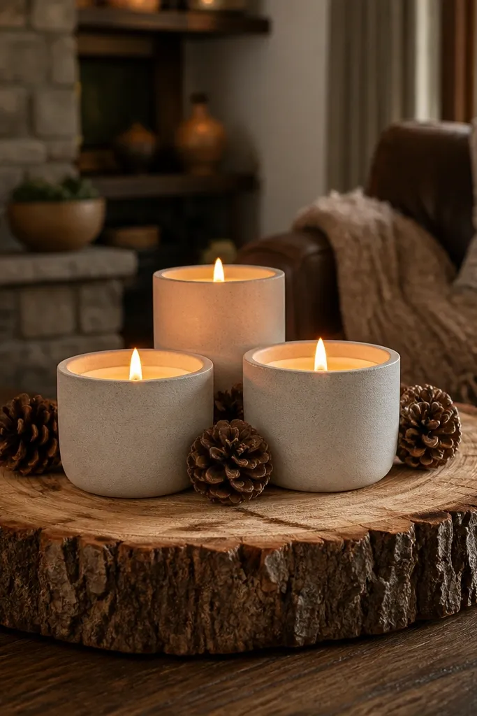 Coffee table centerpiece with a round wood slice base and three LED candles