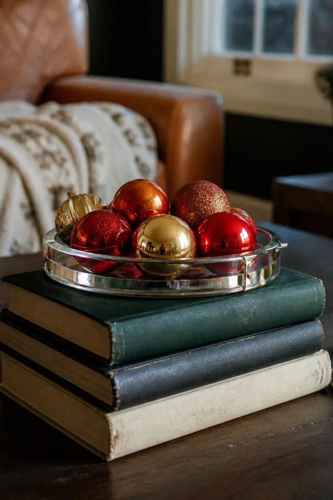 Coffee table with stacked books, a small ornament tray on top, and a thin greenery line