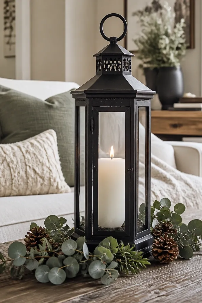 Coffee table with a tall lantern in the back and low evergreen sprigs in front