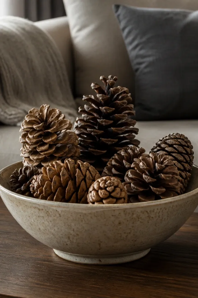 Ceramic bowl filled with pinecones and a few evergreen sprigs on a coffee table
