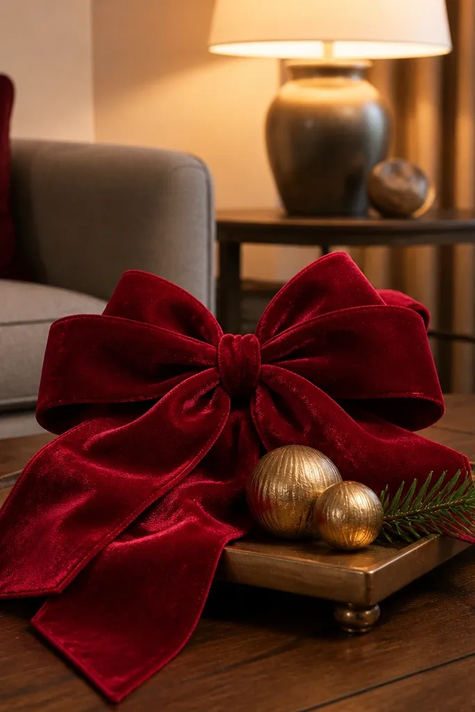 Coffee table with a centered red velvet ribbon bow, small ornaments, and cream candles