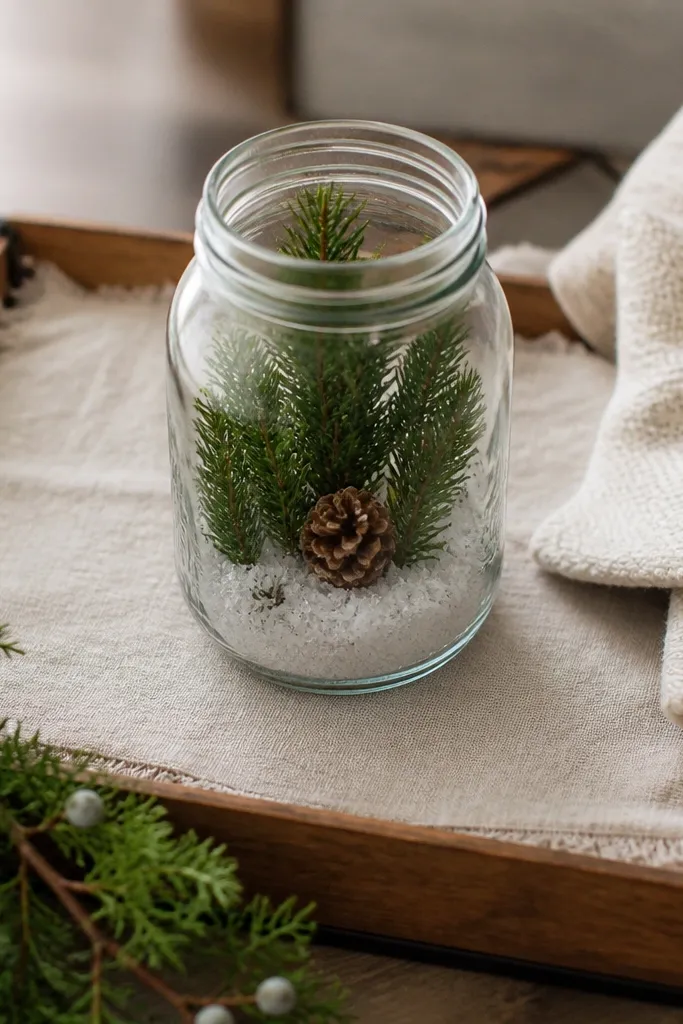 Mason jar terrarium on a coffee table with faux greenery and a small LED candle